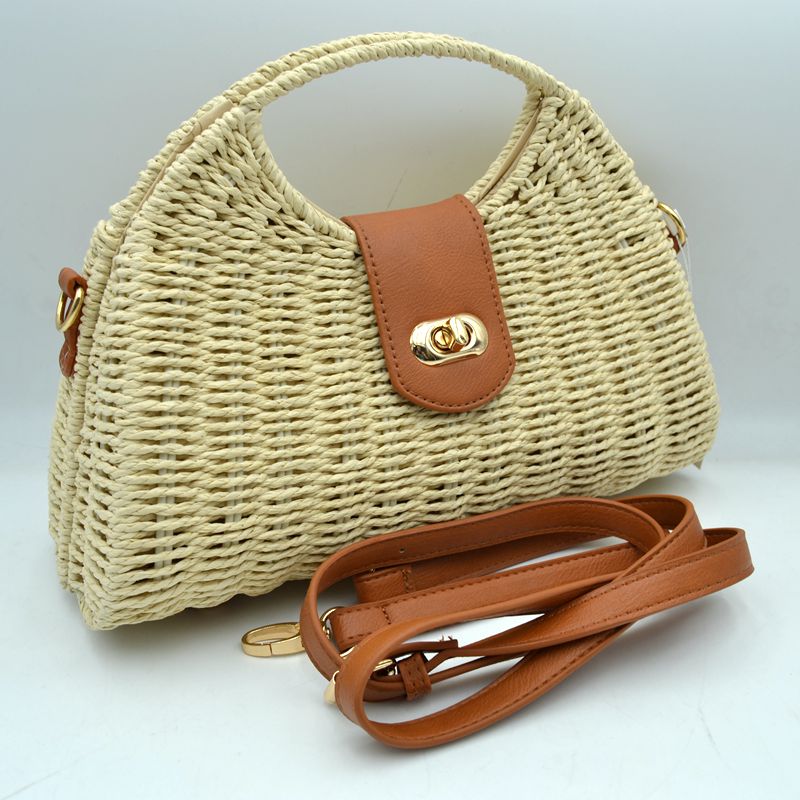 Straw Woven Handbag with Leather Accent & Adjustable Strap - Khaki - Crossbody Bag