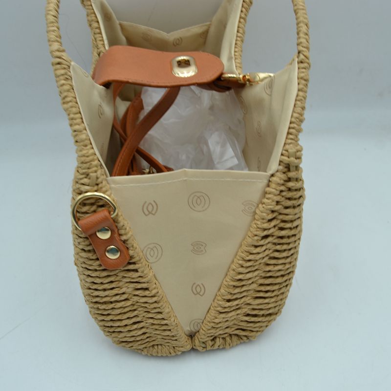 Straw Woven Handbag with Leather Accent & Adjustable Strap - Khaki - Crossbody Bag