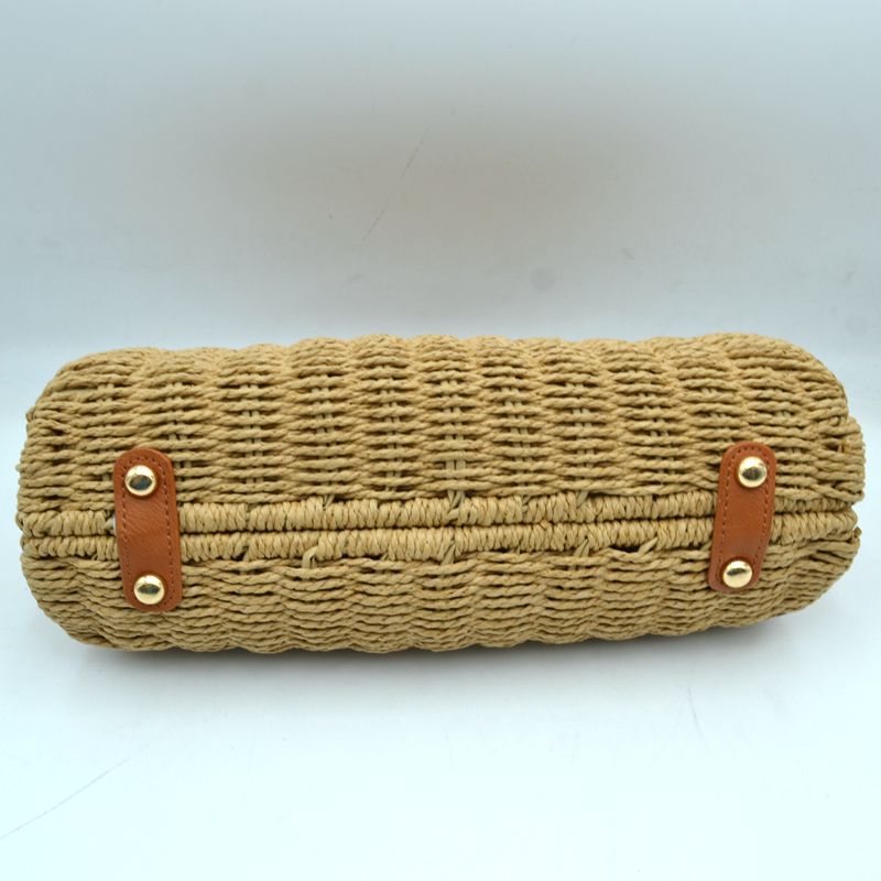 Straw Woven Handbag with Leather Accent & Adjustable Strap - Khaki - Crossbody Bag
