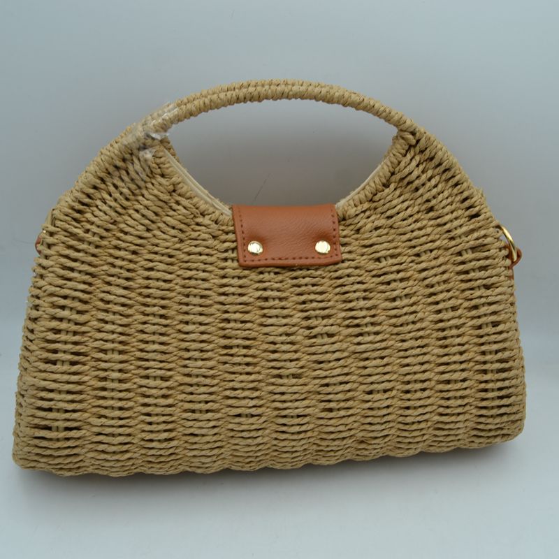 Straw Woven Handbag with Leather Accent & Adjustable Strap - Khaki - Crossbody Bag