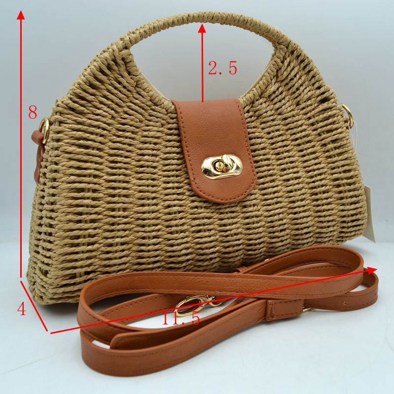 Straw Woven Handbag with Leather Accent & Adjustable Strap - Khaki - Crossbody Bag