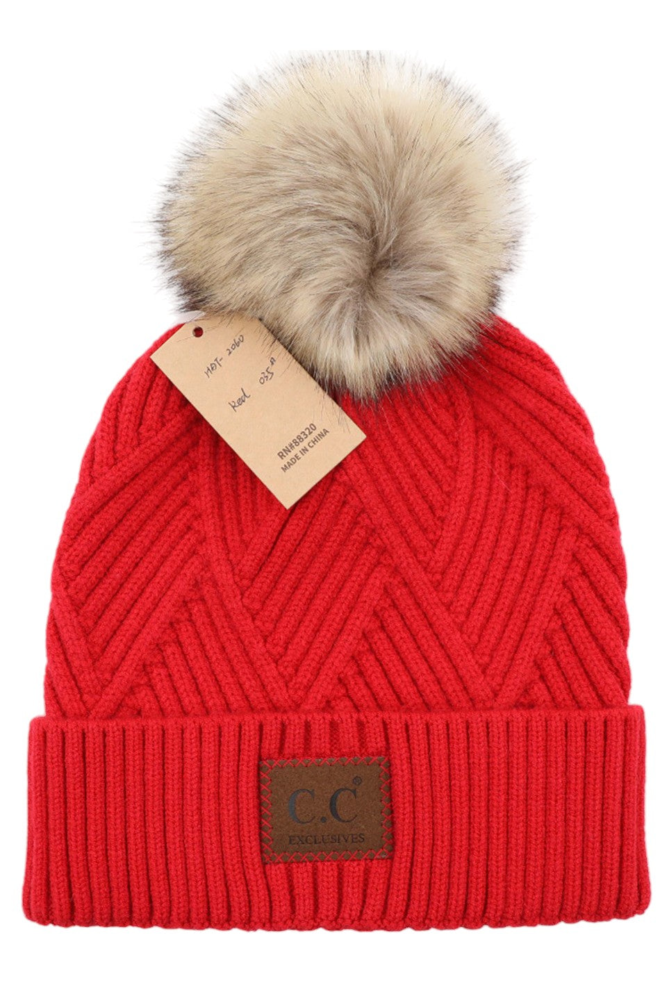 C.C Heather Beanie Hat With Pom Pom And Suede Patch - Red - Beanies