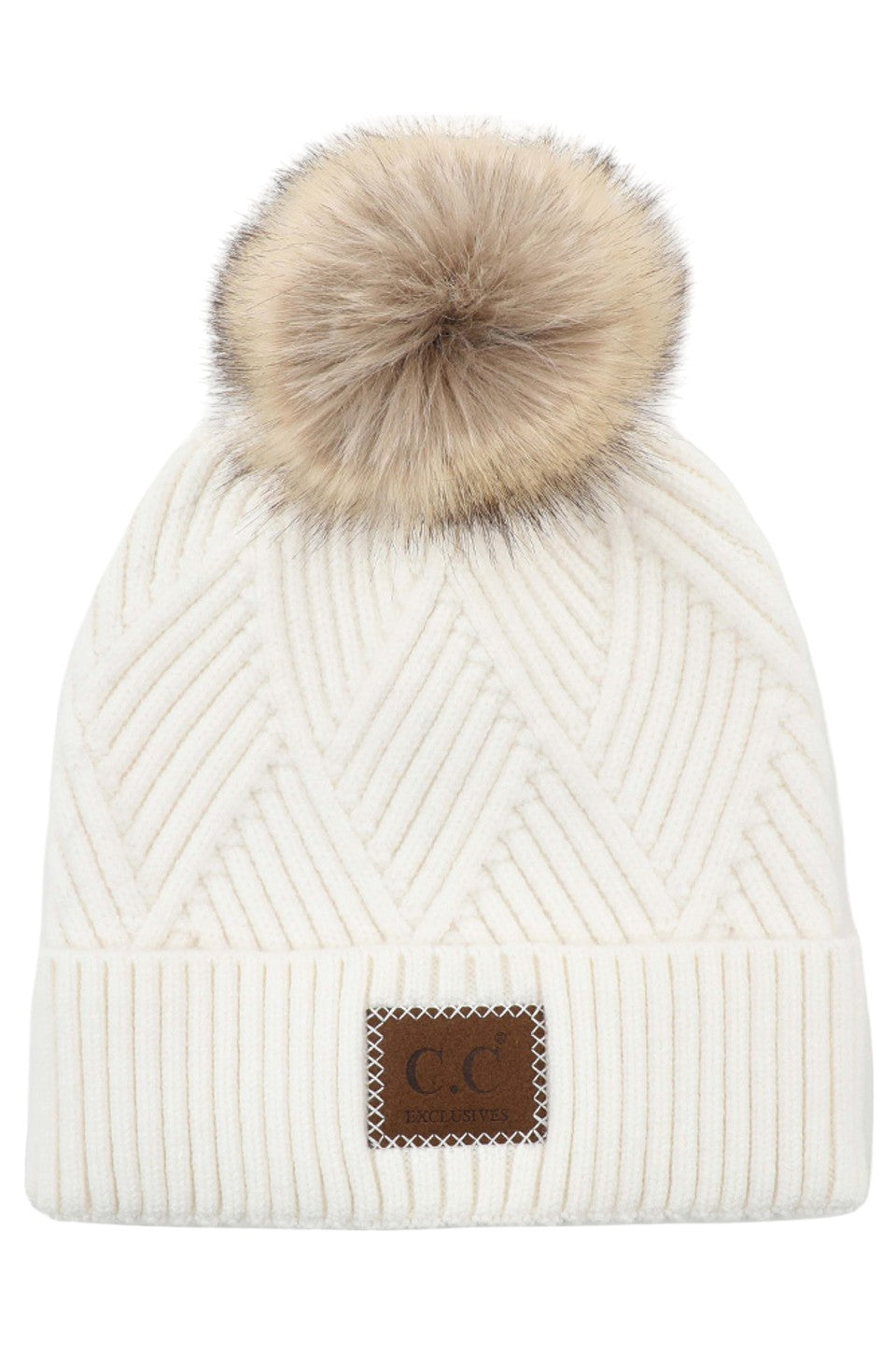 C.C Heather Beanie Hat With Pom Pom And Suede Patch - White - Beanies