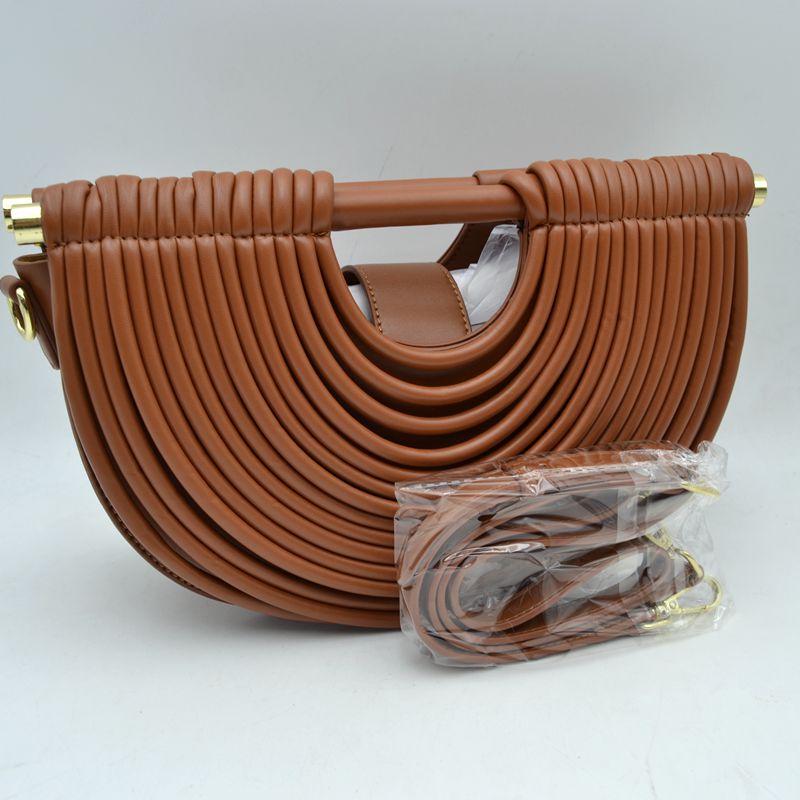 Structured Half-Moon Clutch Bag with Tubular Stitching and Shoulder Strap - Brown - Clutch Bags