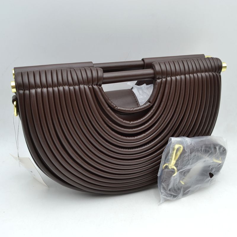 Structured Half-Moon Clutch Bag with Tubular Stitching and Shoulder Strap - Coffee - Clutch Bags