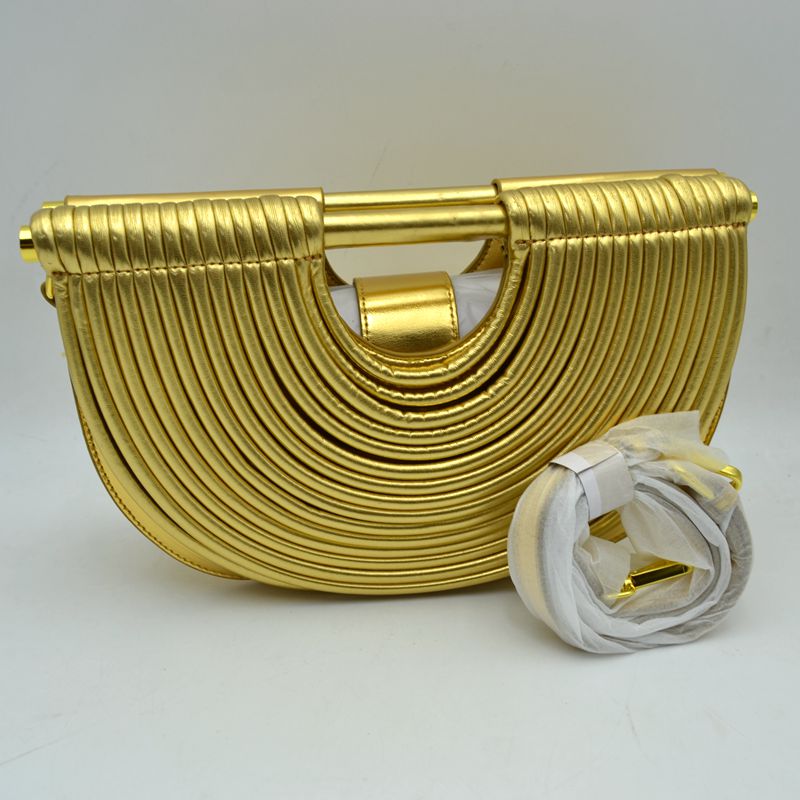 Structured Half-Moon Clutch Bag with Tubular Stitching and Shoulder Strap - Gold - Clutch Bags
