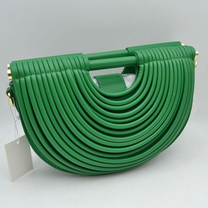 Structured Half-Moon Clutch Bag with Tubular Stitching and Shoulder Strap - Khaki Green - Clutch Bags