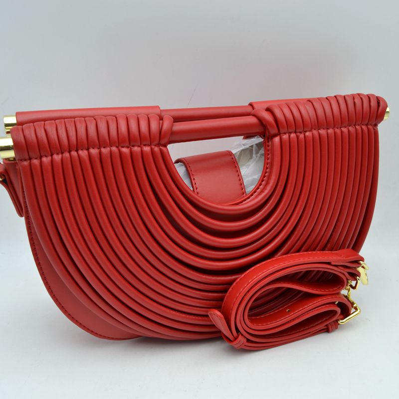 Structured Half-Moon Clutch Bag with Tubular Stitching and Shoulder Strap - Red - Clutch Bags