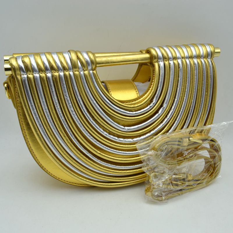 Structured Half-Moon Clutch Bag with Tubular Stitching and Shoulder Strap - Clutch Bags