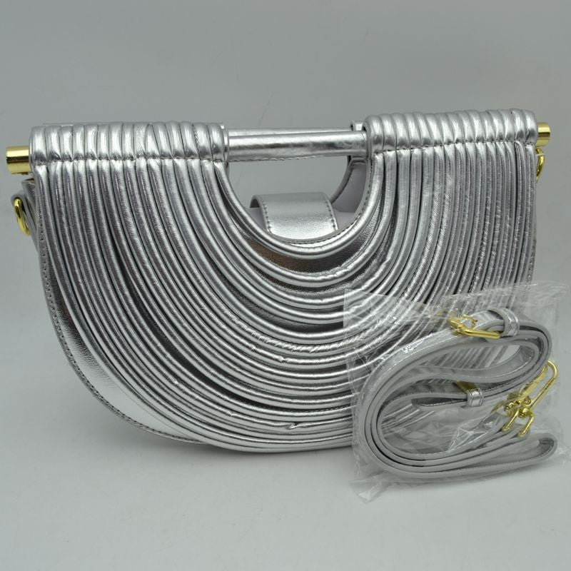 Structured Half-Moon Clutch Bag with Tubular Stitching and Shoulder Strap - Silver - Clutch Bags
