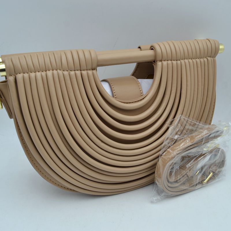 Structured Half-Moon Clutch Bag with Tubular Stitching and Shoulder Strap - Tan - Clutch Bags