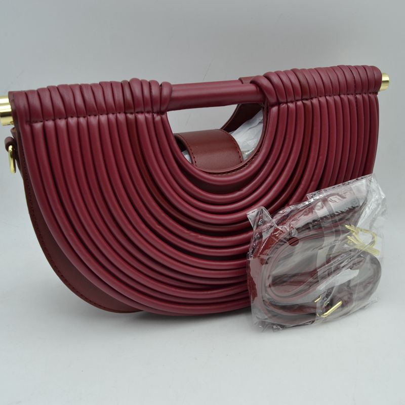 Structured Half-Moon Clutch Bag with Tubular Stitching and Shoulder Strap - Wine - Clutch Bags
