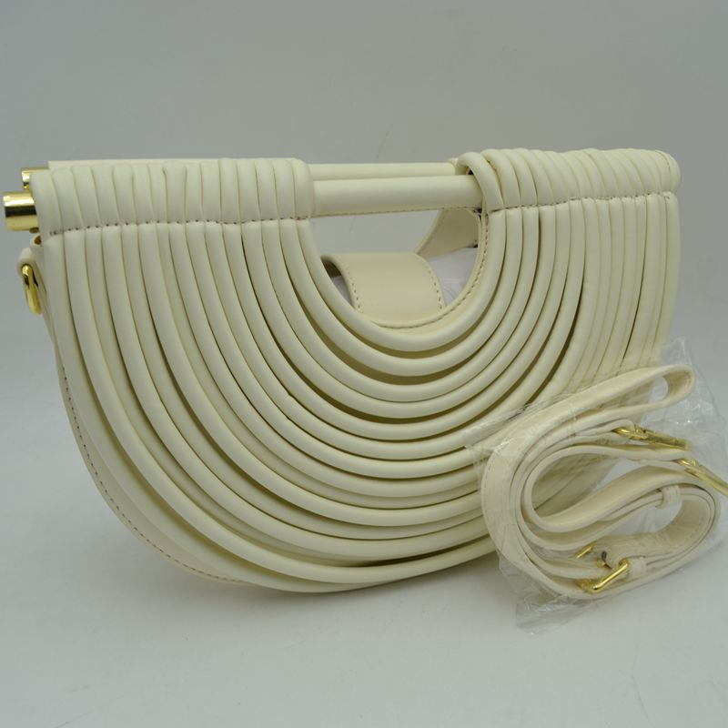 Structured Half-Moon Clutch Bag with Tubular Stitching and Shoulder Strap - White - Clutch Bags