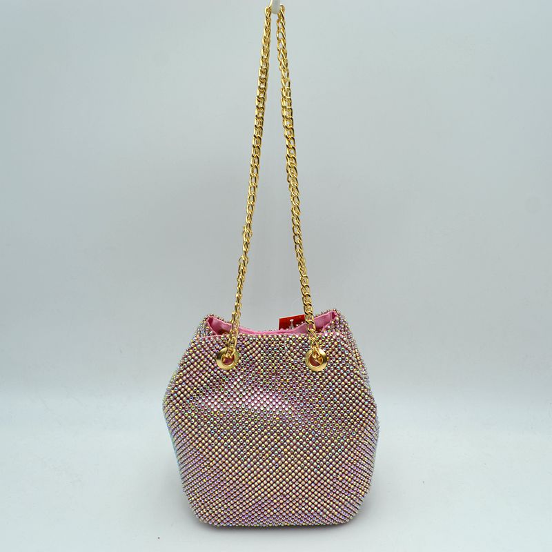 Textured Bucket Bag with Metallic Chain Straps - Pink - Bucket Bag