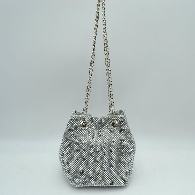 Textured Bucket Bag with Metallic Chain Straps - Silver - Bucket Bag