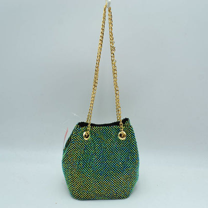Textured Bucket Bag with Metallic Chain Straps - Green - Bucket Bag