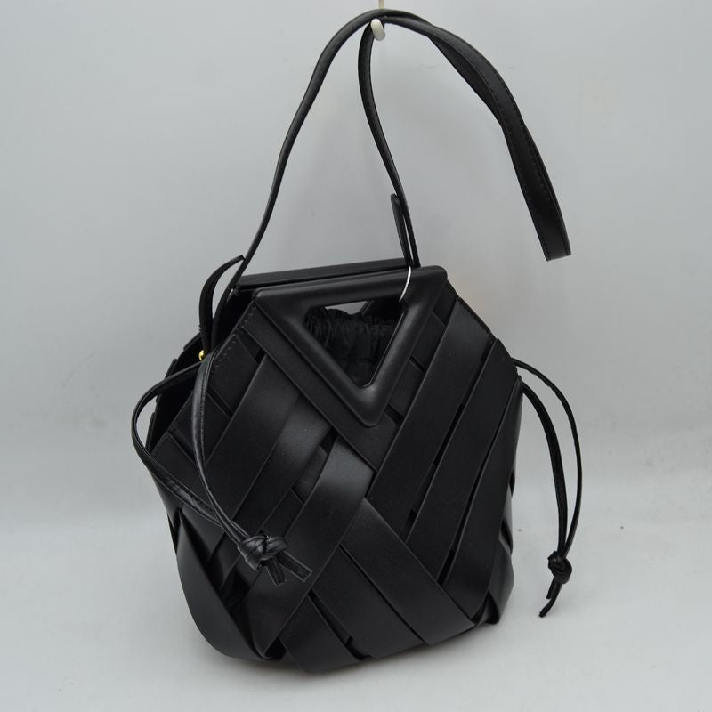 Geometric Wide Weave Bucket Bag with Triangular Top Handle - Black - Bucket Bag