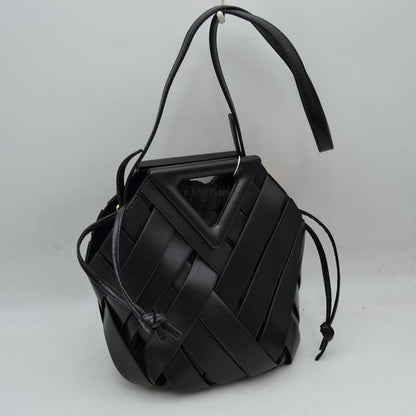 Geometric Wide Weave Bucket Bag with Triangular Top Handle - Black - Bucket Bag