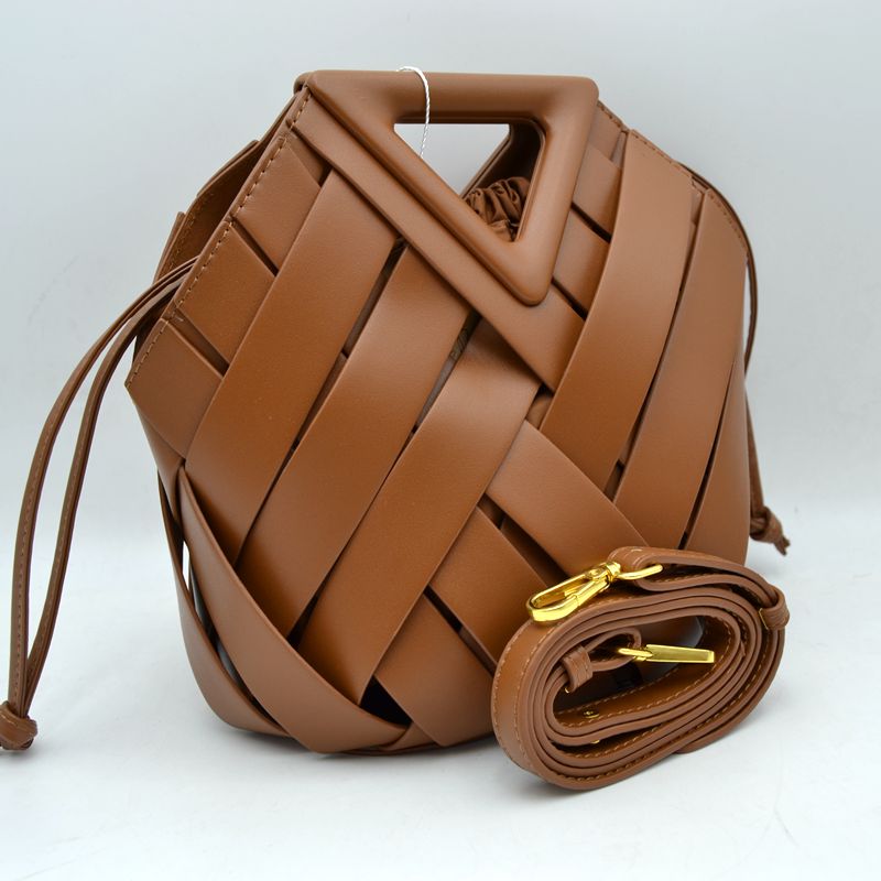 Geometric Wide Weave Bucket Bag with Triangular Top Handle - Brown - Bucket Bag