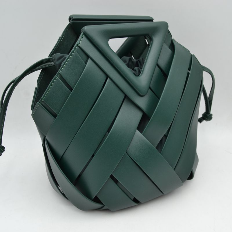 Geometric Wide Weave Bucket Bag with Triangular Top Handle - Dark Green - Bucket Bag