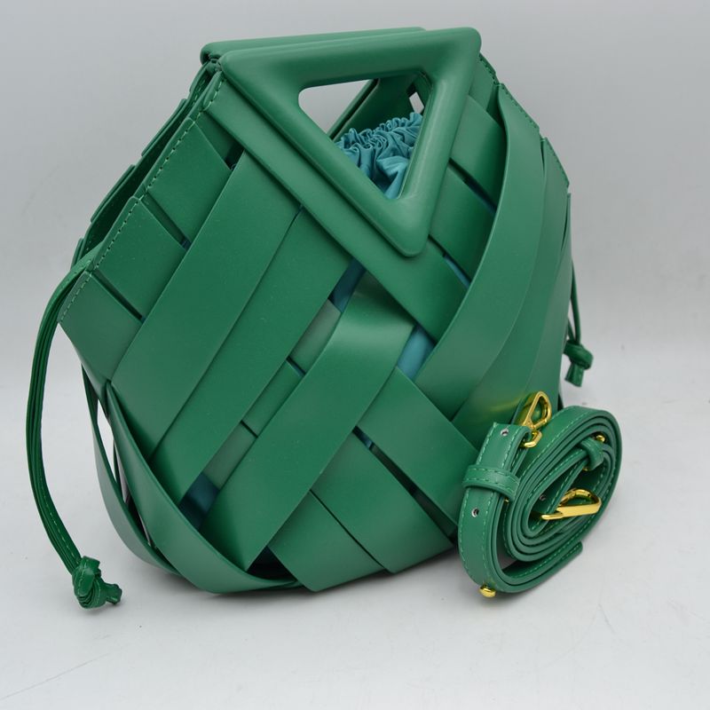 Geometric Wide Weave Bucket Bag with Triangular Top Handle - Kelly Green - Bucket Bag