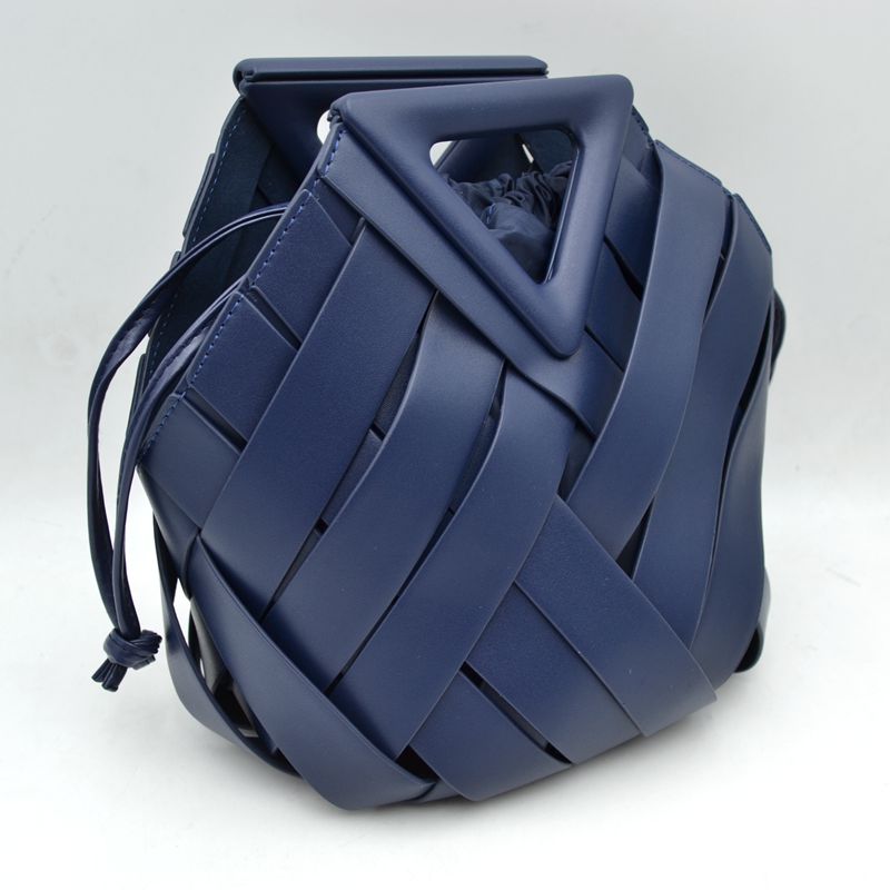 Geometric Wide Weave Bucket Bag with Triangular Top Handle - Navy Blue - Bucket Bag