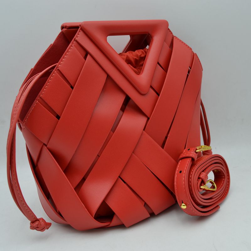 Geometric Wide Weave Bucket Bag with Triangular Top Handle - Red - Bucket Bag