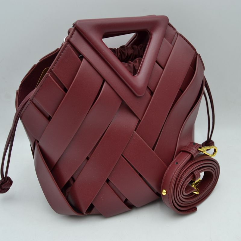 Geometric Wide Weave Bucket Bag with Triangular Top Handle - Wine - Bucket Bag