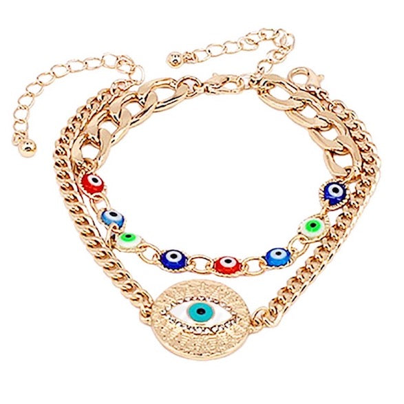 Gold 2PCS Evil Eye Charm Adjustable Layered Chain Detailed Bracelets; ward off bad energy & bring good luck, good fortune and happiness all while still keeping you chic & fashionable, beautiful bracelet to match your style. Perfect Birthday Gift, Anniversary Gift, Mother's Day Gift, Graduation Gift, Bridesmaid Keepsake