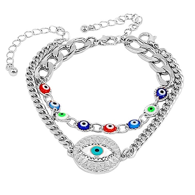 Silver 2PCS Evil Eye Charm Adjustable Layered Chain Detailed Bracelets; ward off bad energy & bring good luck, good fortune and happiness all while still keeping you chic & fashionable, beautiful bracelet to match your style. Perfect Birthday Gift, Anniversary Gift, Mother's Day Gift, Graduation Gift, Bridesmaid Keepsake
