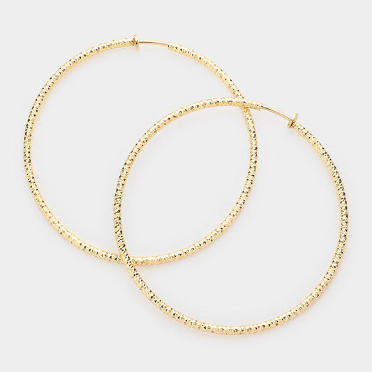 Gold 3.2" Textured Metal Hoop Clip on Earrings