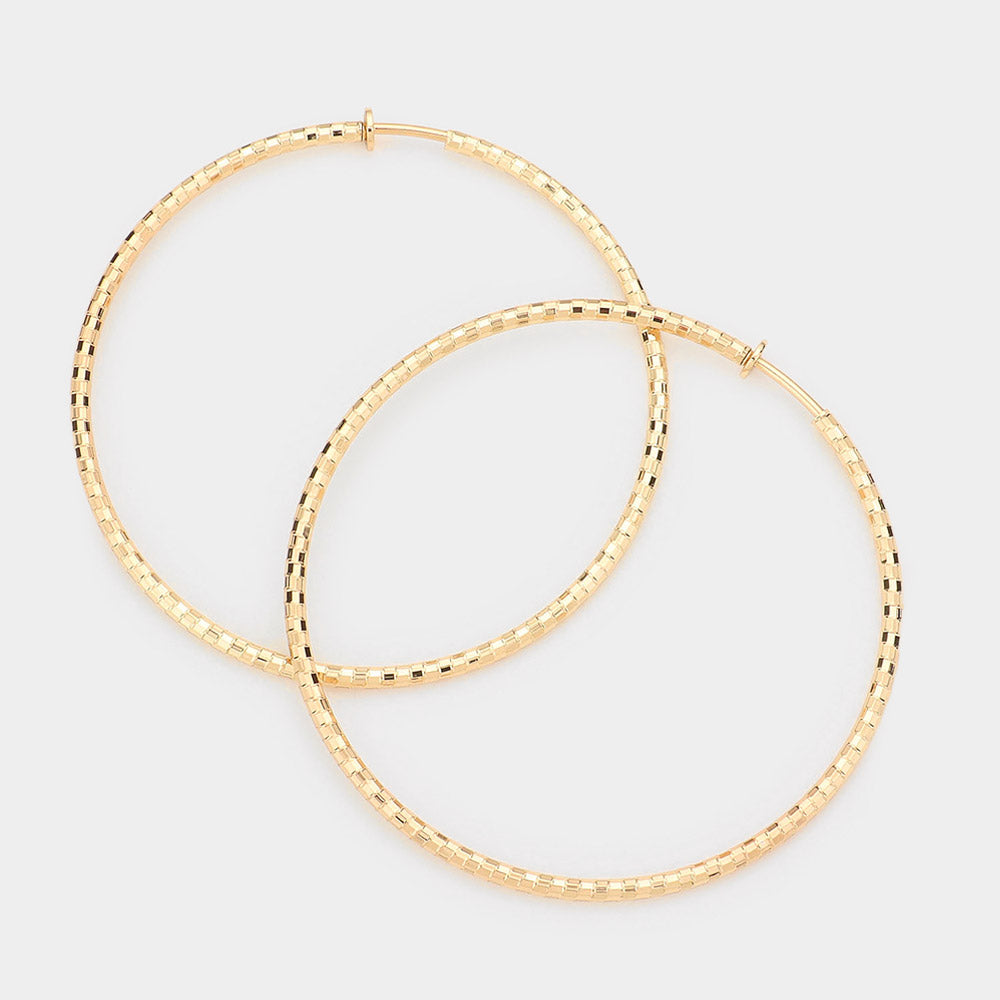 Gold 3 Inch Metal Hoop Clip On Earrings