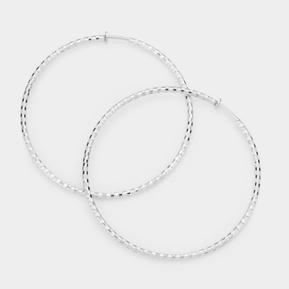 Silver 3 Inch Metal Hoop Clip On Earrings