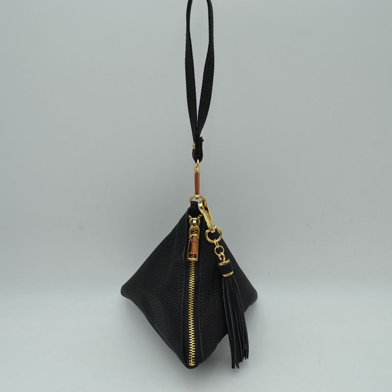 Pyramid Wristlet Clutch Bag with Tassel Accent - Black - Clutch Bags