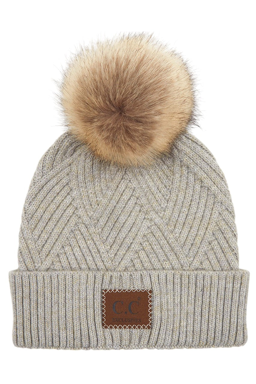 C.C Heather Beanie Hat With Pom Pom And Suede Patch - Warm Gray - Beanies