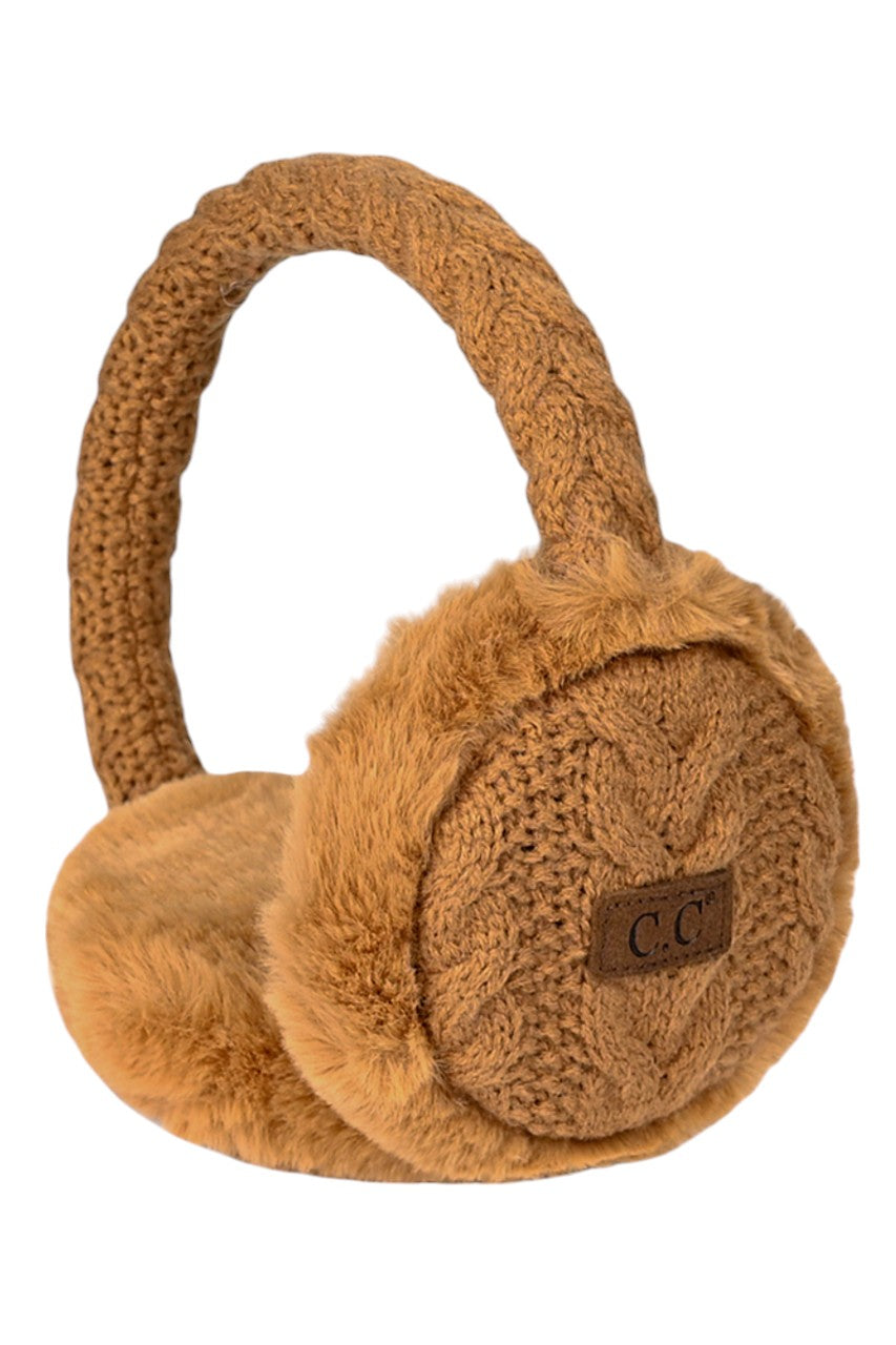 C.C Cable Knit Faux Fur Earmuff - Hot Pink