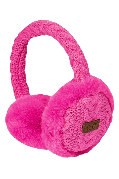 C.C Cable Knit Faux Fur Earmuff - Hot Pink - Earmuffs