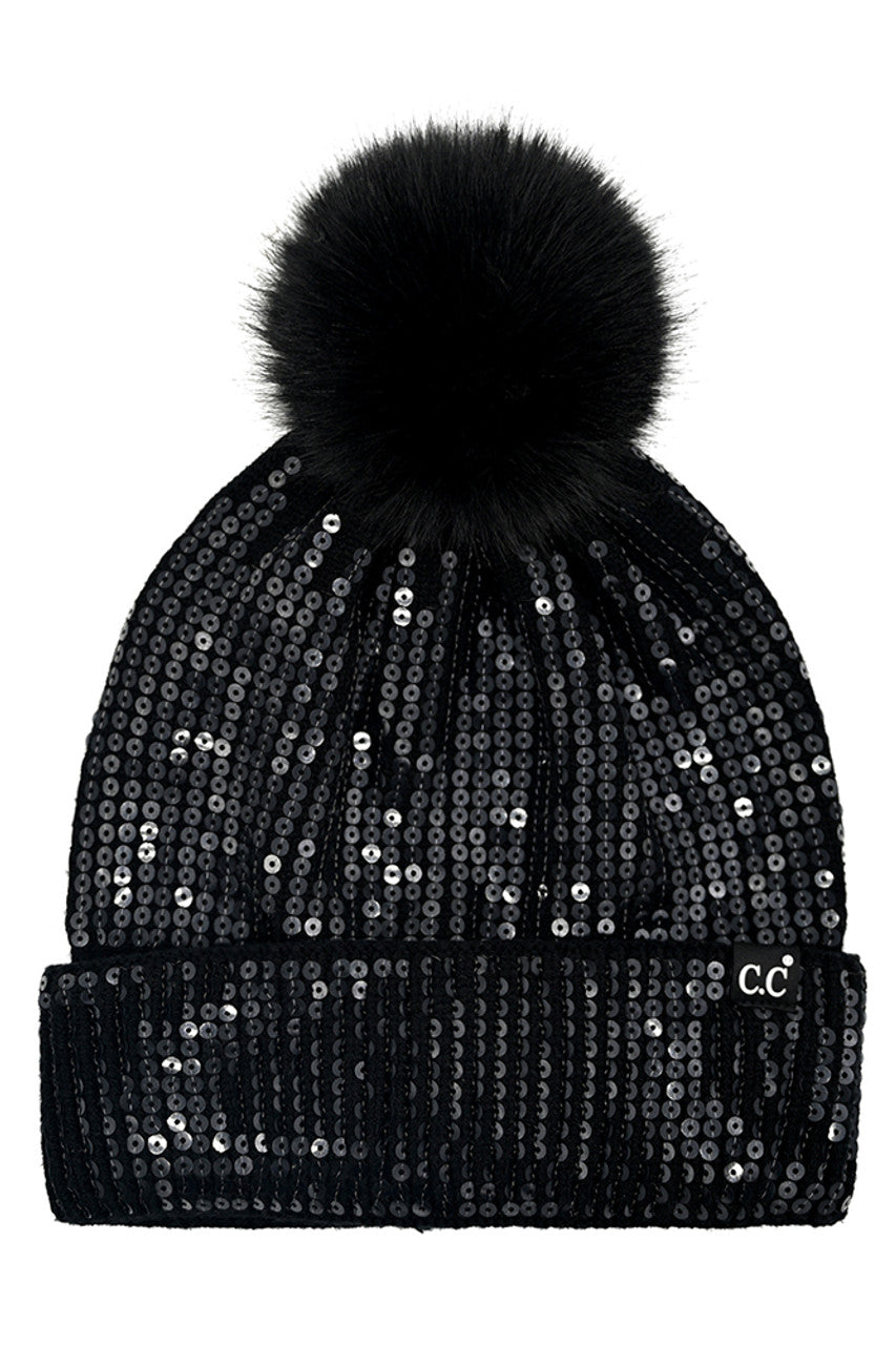 C.C Women's All Over Clear Sequin Pom Beanie