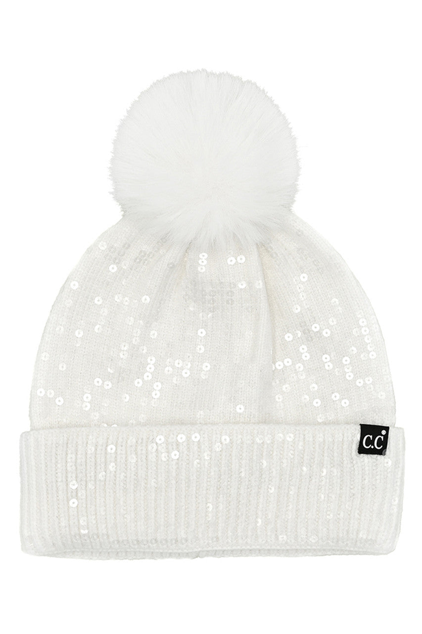 C.C Women's All Over Clear Sequin Pom Beanie