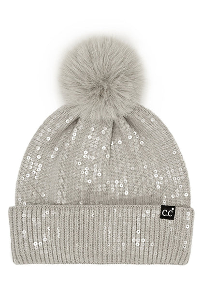 C.C Women's All Over Clear Sequin Pom Beanie
