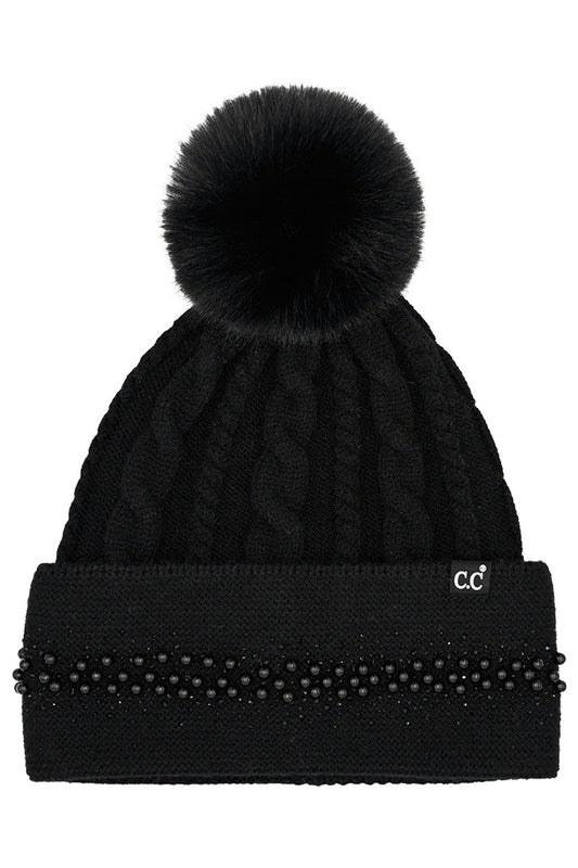 Black C.C Pearl Rhinestone Embellishment Beanie with Fur Pom