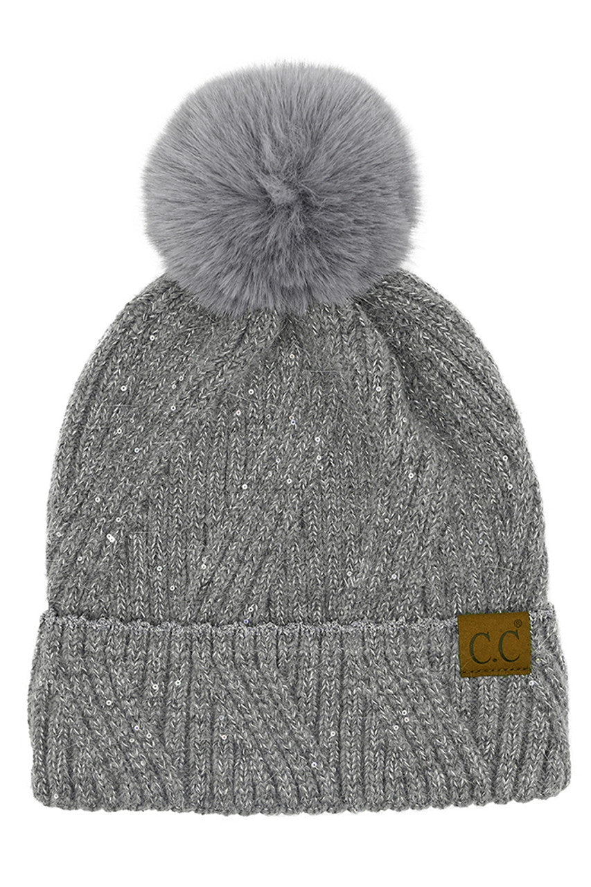 Gray C.C Sequin with Pom Beanie