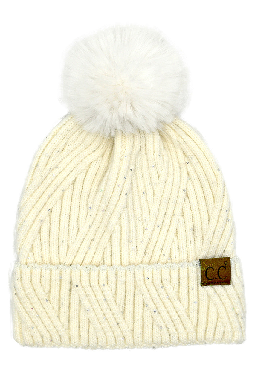 Ivory C.C Sequin with Pom Beanie