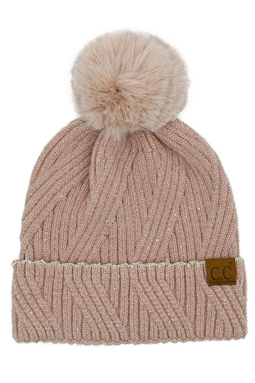 Rose C.C Sequin with Pom Beanie