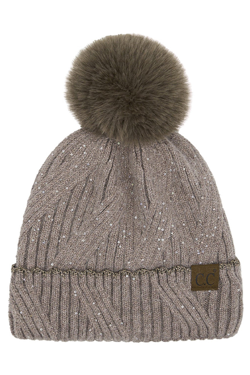 Taupe C.C Sequin with Pom Beanie