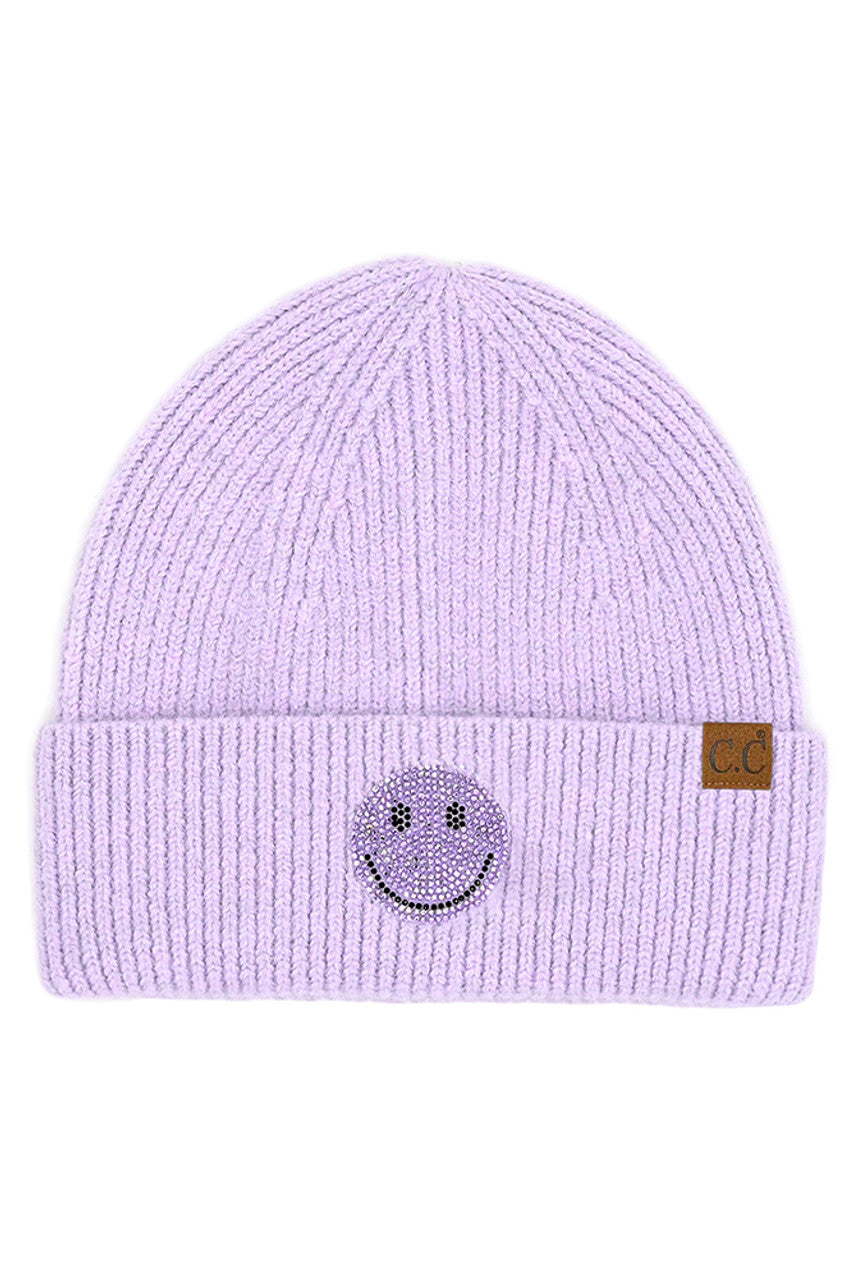 Lavender C.C Smile Face Rhinestone Beanie