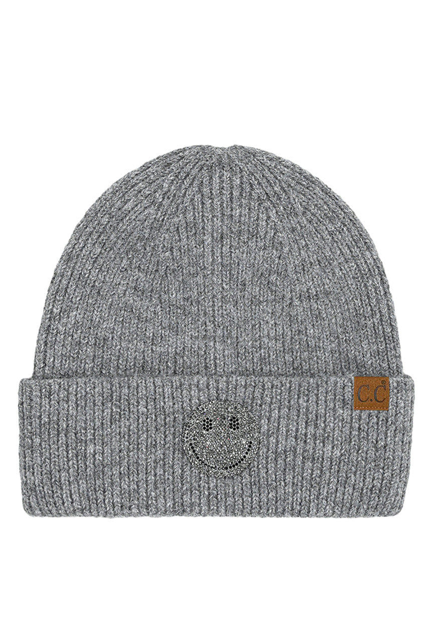 Light Gray C.C Smile Face Rhinestone Beanie