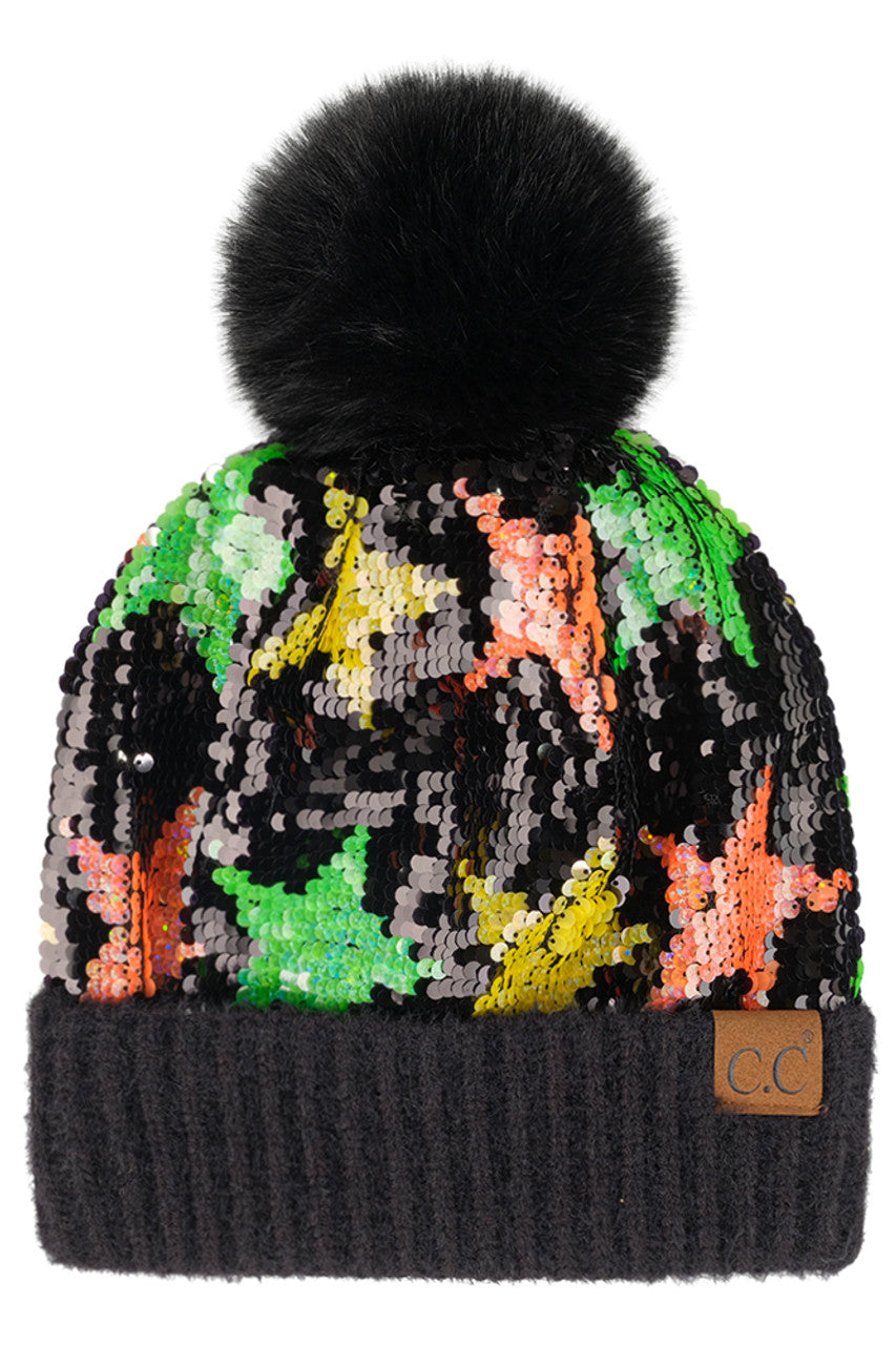 Multi C.C Sequin Starry Night Pom Beanie