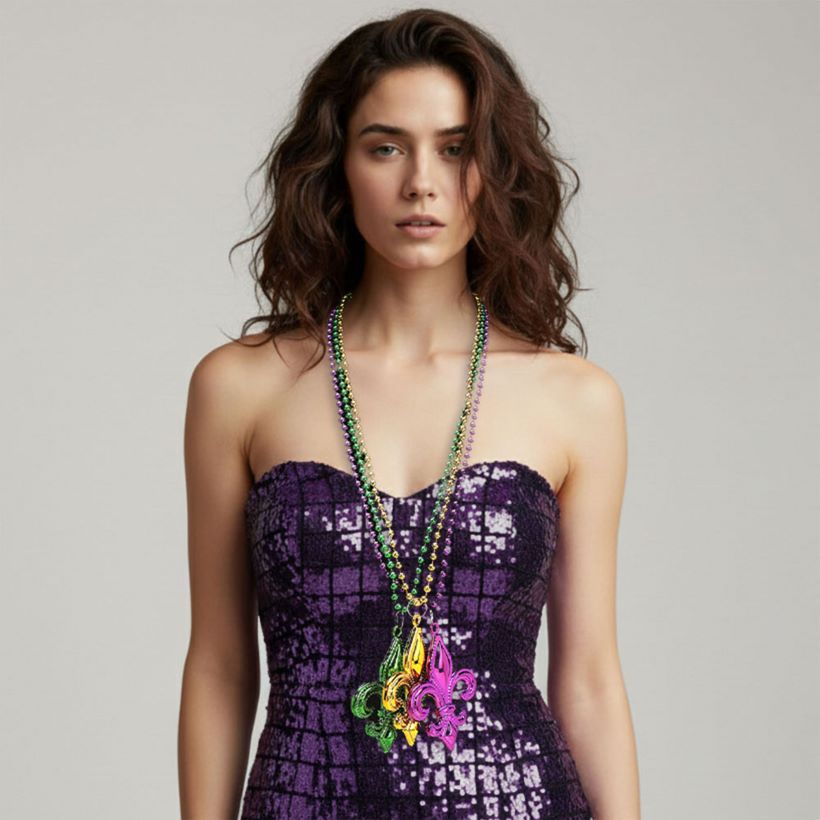 Mult Purple Fleur-de-lis pendant necklace set designed with a bold emblem charm and classic beaded chain for statement appeal. Ideal for celebrations, themed events, parades, and party styling, these necklaces add iconic flair and playful character to outfits while remaining lightweight and easy to wear.