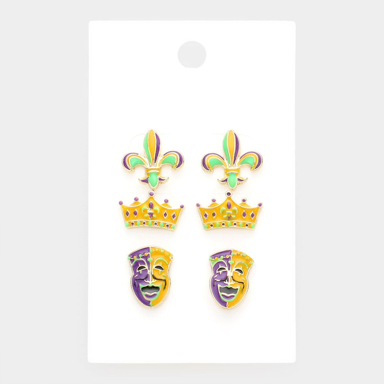 Multi This set includes 3 pairs of Mardi Gras–inspired stud earrings featuring Fleur de Lis, crown, and mask designs. Perfect for parties and celebrations, these lightweight earrings add festive charm and bold style to any outfit.